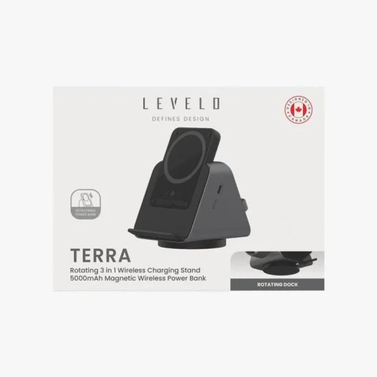 Levelo Terra Rotating 3 In 1 Wireless Charging Stand With Portable 5000Mah Power Bank - Black